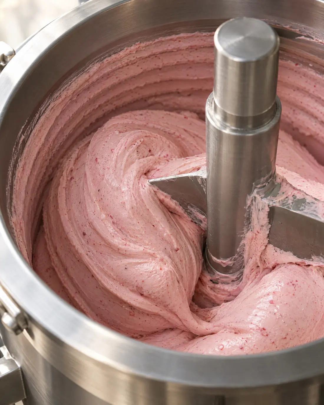 Erdbeereis wird in einer Eismaschine aus Edelstahl gerührt