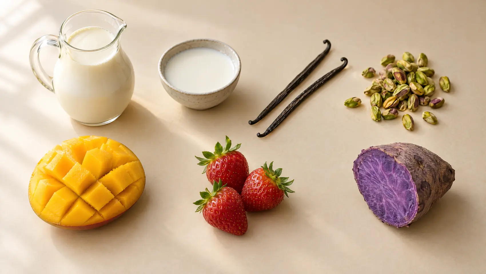 Zutaten für Eis von oben: Sahne, Milch, Vanilleschoten, Pistazien, Mango, Erdbeeren und eine halbierte Ube-Knolle