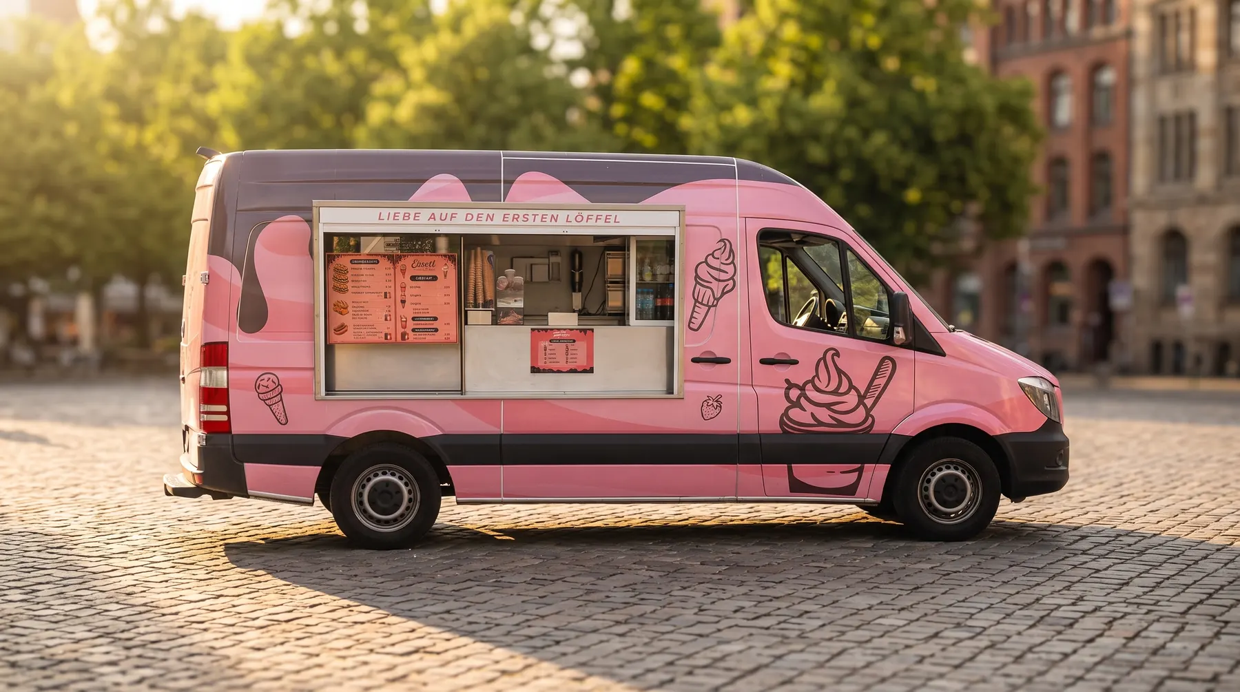Der pinke Eiszeit-Foodtruck mit geöffnetem Ausgabefenster auf einem Platz in Frankfurt im Abendlicht